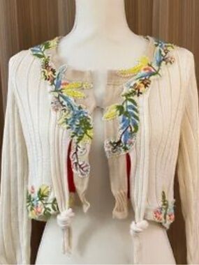 Free People Cream Cropped Tie-Front Cardigan with Colorful Embroidery